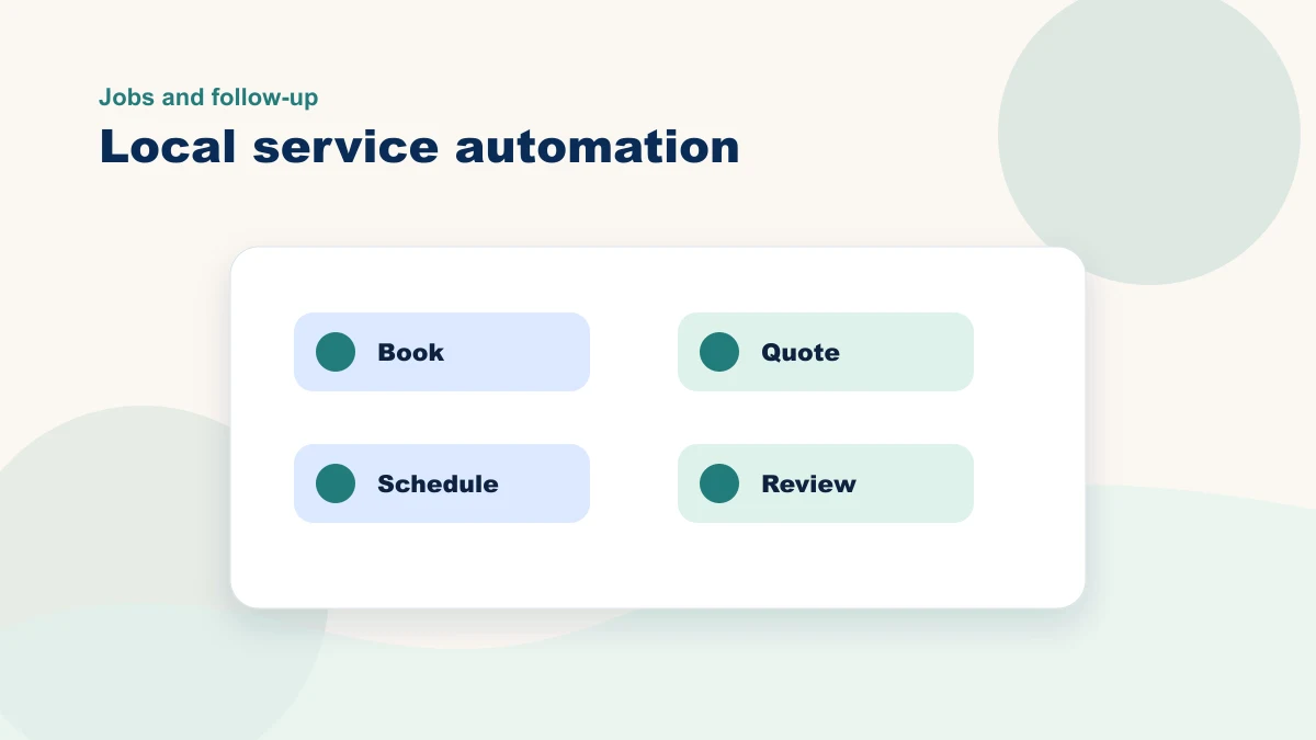 Local service automation board for booking, quoting, scheduling, and reviews