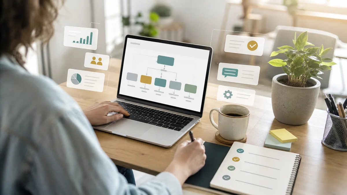 Illustration of a small business owner reviewing an AI plan on a laptop